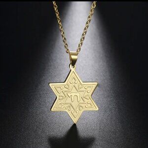 Necklace--Stainless Star of David w/Chai, Gold or Silver Tone